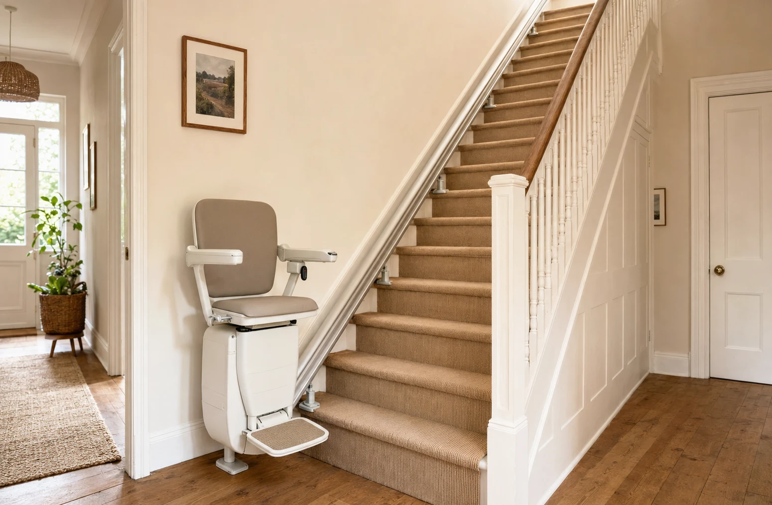 Straight stairlift installed on one uninterrupted domestic staircase